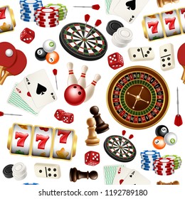 Casino pattern. Poker cards doodle domino bowling darts roulette checkers vector symbols of games seamless realistic illustrations. Poker and roulette, dice and casino gambling