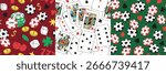 Casino pattern. Seamless print of gambling game elements, money, cards and chips. Vector texture of doodle cartoon casino icons for wrapping paper or fabric.