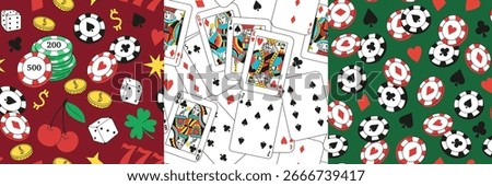 Casino pattern. Seamless print of gambling game elements, money, cards and chips. Vector texture of doodle cartoon casino icons for wrapping paper or fabric.