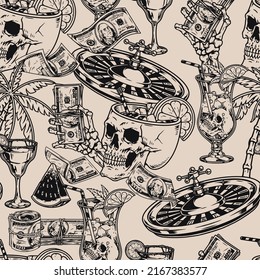 Casino pattern seamless vintage monochrome gambling for money with alcohol drinks in skulls concept winning roulette jackpot vector illustration