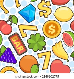 Casino pattern. Slot machine icons 777 heart fruits coins lucky symbols of jackpot winners garish vector seamless pattern for textile design projects