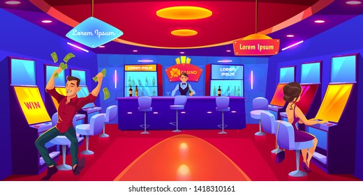 Casino with people gambling playing on slot machines, win lose money. Las Vegas nightlife business industry. Gaming house interior with bar counter and barman making drink. Cartoon vector illustration