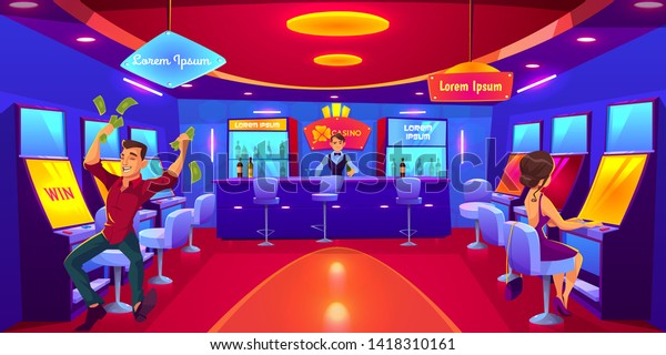 スロットマシンで賭博をするカジノは金を失う ラスベガスのナイトライフビジネス業界 バーカウンター とバーマンが飲み物を作るゲームハウスの内部 漫画のベクターイラスト のベクター画像素材 ロイヤリティフリー 1418310161