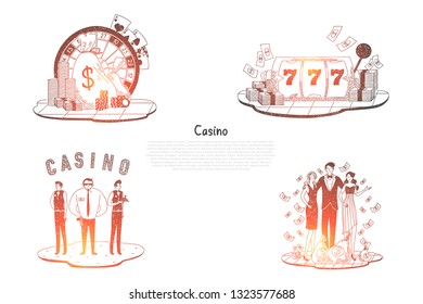 Casino - people with money, security, cards, roulette and chips vector concept set. Hand drawn sketch isolated illustration