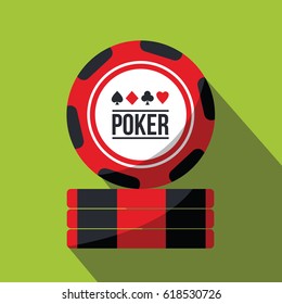 casino play game with four shapes vector isolated like heart, club, diamond & spade and text poker. one single red, white & black color chip Standing on a pile or Stack