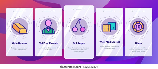 Casino Play Onboarding Mobile App Page Screen Vector Icons Set Thin Line. Casino Chip And Cards, Smartphone and Laptop, Roulette And Dealer Concept Linear Pictograms. Contour Illustrations