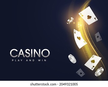 Casino Play And Win Concept With Flying Ace Cards, Realistic Poker Chips And Golden Particles Wave On Blue Background.