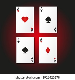 Casino player cards sets. Poker club game. Player cards sets deck spread 4 aces royal flush hand realistic collection. Vector illustration 