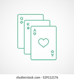 Casino Playing Card Ace King Queen Green Line Icon On White Background