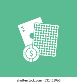 Casino Playing Card And Chip Emblem Flat Icon On Green Background