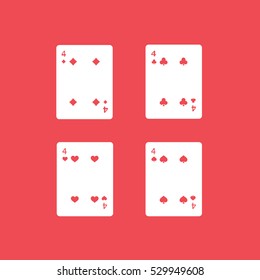 Casino Playing Card Four Fours Flat Icon On Red Background