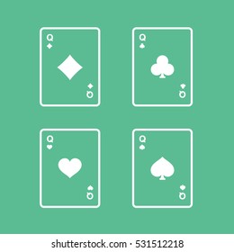 Casino Playing Card Four Queen Line Icon On Green Background