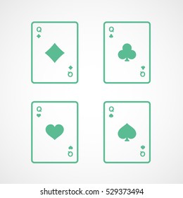 Casino Playing Card Four Queens Green Line Icon On White Background