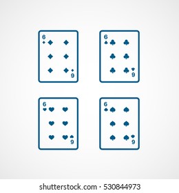 Casino Playing Card Four Sixes Blue Line Icon On White Background