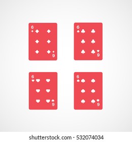 Casino Playing Card Four Sixes Red Flat Icon On White Background