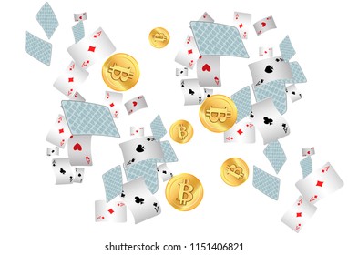 Casino Playing Cards and Bitcoins are falling down. Vector illustration