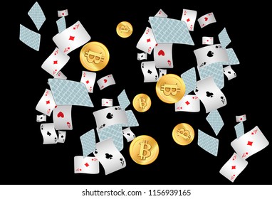 Casino Playing Cards and Bitcoins are falling down. Vector illustration