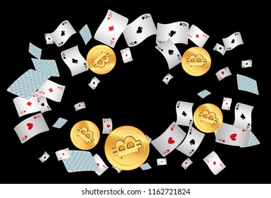 Casino Playing Cards and Bitcoins are falling down. Vector illustration