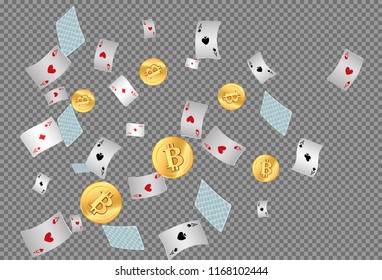 Casino Playing Cards and Bitcoins are falling down. Vector illustration