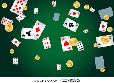 Casino Playing Cards and Bitcoins are falling down. Vector illustration