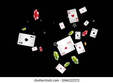 Casino Playing Cards and Chips are falling down. Vector illustration