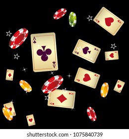 Casino Playing Cards and Chips are falling down. Vector illustration in vintage style.