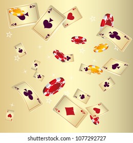 Casino Playing Cards and Chips are falling down. Vector illustration in vintage style.