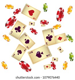 Casino Playing Cards and Chips are falling down. Vector illustration in vintage style.