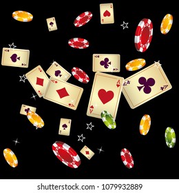 Casino Playing Cards and Chips are falling down. Vector illustration in vintage style.