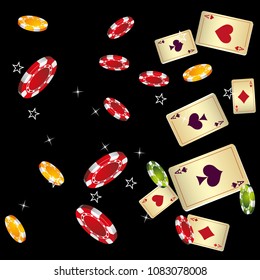 Casino Playing Cards and Chips are falling down. Vector illustration in vintage style.