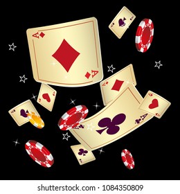 Casino Playing Cards and Chips are falling down. Vector illustration in vintage style.
