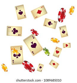 Casino Playing Cards and Chips are falling down. Vector illustration in vintage style.