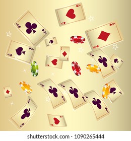 Casino Playing Cards and Chips are falling down. Vector illustration in vintage style.