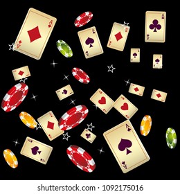 Casino Playing Cards and Chips are falling down. Vector illustration in vintage style.