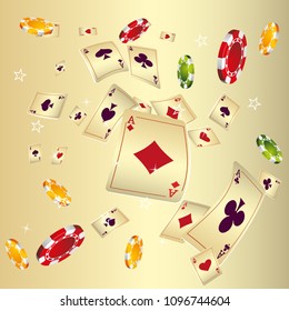 Casino Playing Cards and Chips are falling down. Vector illustration in vintage style.