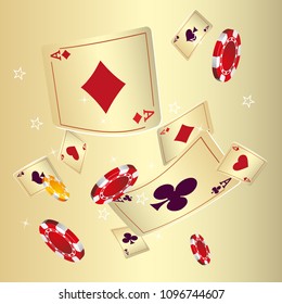 Casino Playing Cards and Chips are falling down. Vector illustration in vintage style.