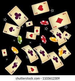 Casino Playing Cards and Chips are falling down. Vector illustration in vintage style.