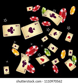 Casino Playing Cards and Chips are falling down. Vector illustration in vintage style.