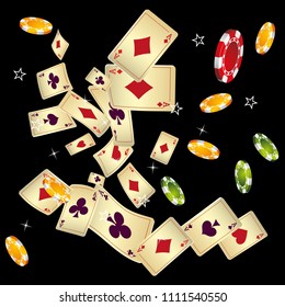 Casino Playing Cards and Chips are falling down. Vector illustration in vintage style.