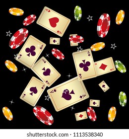 Casino Playing Cards and Chips are falling down. Vector illustration in vintage style.

