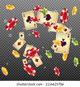 Casino Playing Cards and Chips are falling down. Vector illustration in vintage style.