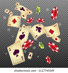 Casino Playing Cards and Chips are falling down. Vector illustration in vintage style.