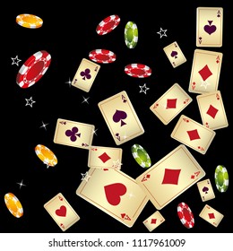 Casino Playing Cards and Chips are falling down. Vector illustration in vintage style.