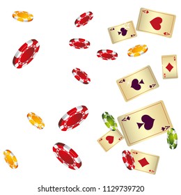 Casino Playing Cards and Chips are falling down. Vector illustration in vintage style.