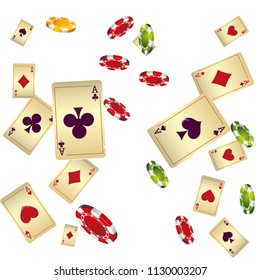 Casino Playing Cards and Chips are falling down. Vector illustration in vintage style.