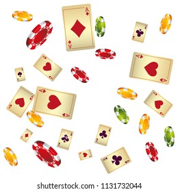 Casino Playing Cards and Chips are falling down. Vector illustration in vintage style.