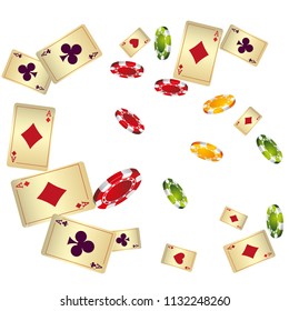 Casino Playing Cards and Chips are falling down. Vector illustration in vintage style.