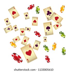 Casino Playing Cards and Chips are falling down. Vector illustration in vintage style.