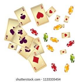 Casino Playing Cards and Chips are falling down. Vector illustration in vintage style.