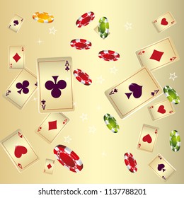 Casino Playing Cards and Chips are falling down. Vector illustration in vintage style.